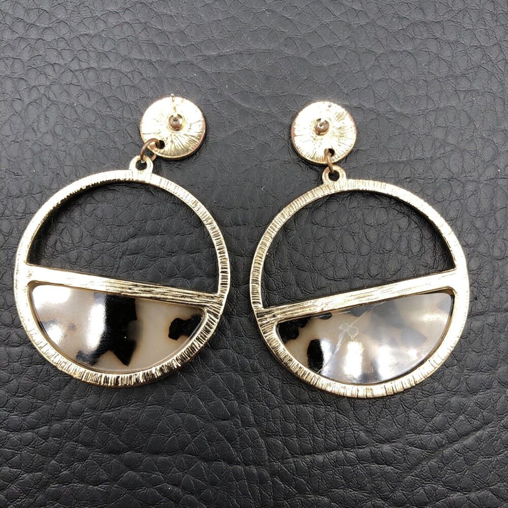 Faux Tortoiseshell Earrings Half‎ Moon Resin Gold Tone Frame Dangles - Picture 2 of 5